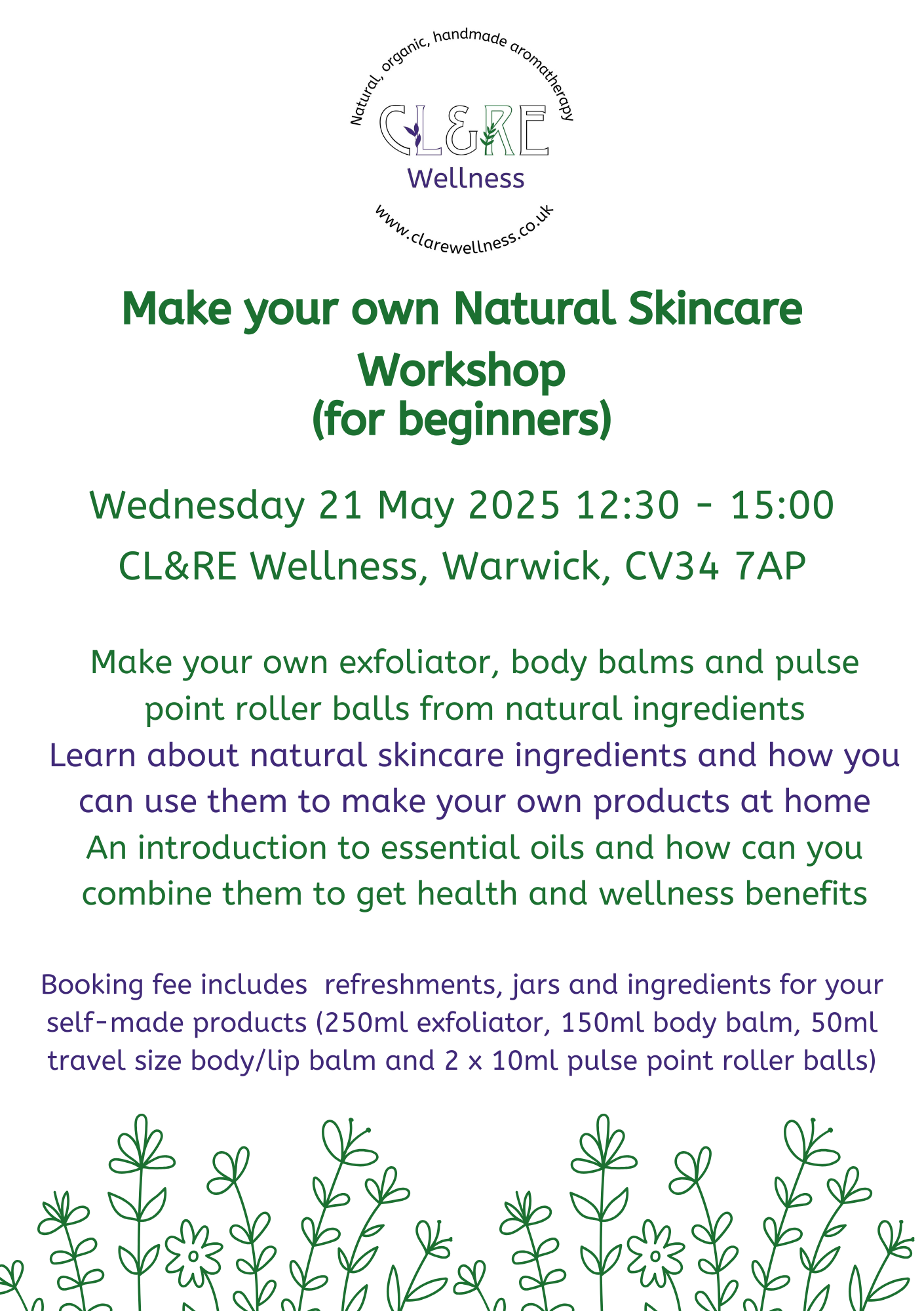 Natural Skincare Workshop place Wednesday 21 May 2025 12:30 - 15:00 WARWICK