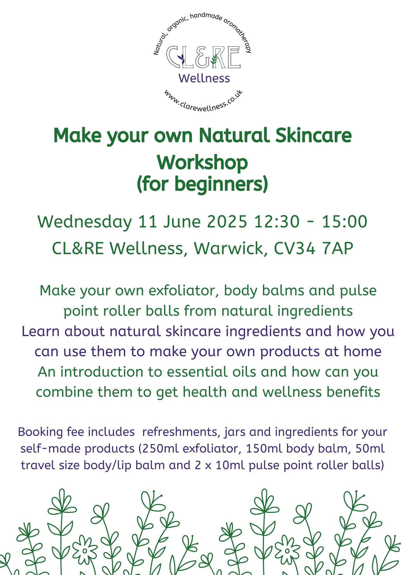 Natural Skincare Workshop place Wednesday 11 June 2025 12:30 - 15:00 WARWICK