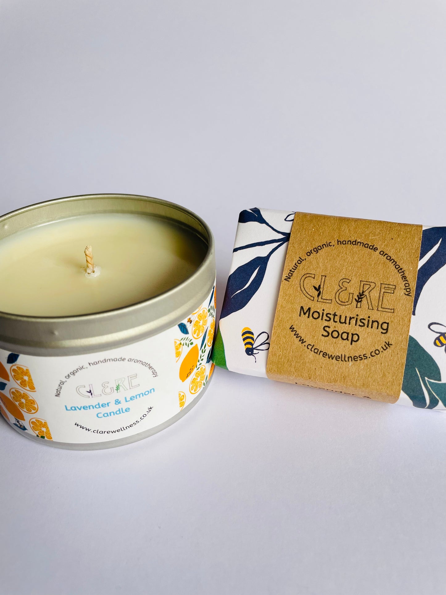 CL&RE Wellness lavender & lemon candle and soap on a white background