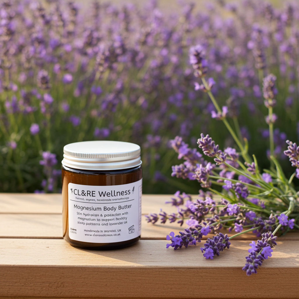 Jar of CL&RE Wellness magnesium body butter with lavender flowers on a wooden surface and lavender field in the background