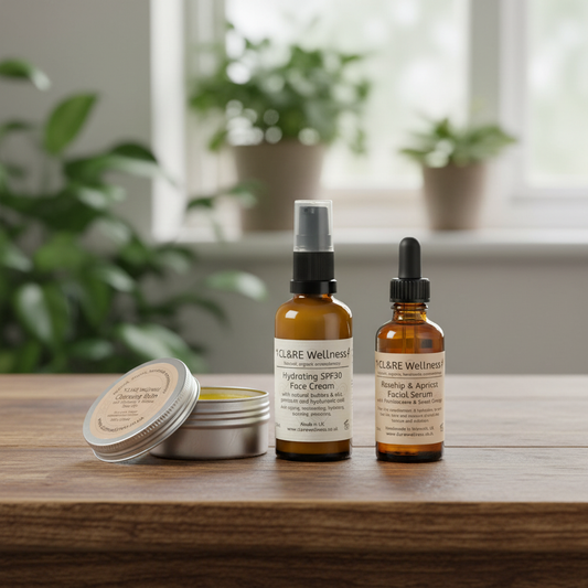 Three skincare products from CL&RE Wellness are arranged on a wooden table in a softly lit indoor setting with blurred plants in the background. The products include a silver tin of Facial cleansing balm, a small amber bottle with a black spray top labelled Hydrating SPF30 Face Cream, and an amber bottle with a black dropper top labelled Rosehip & Apricot Facial Serum.