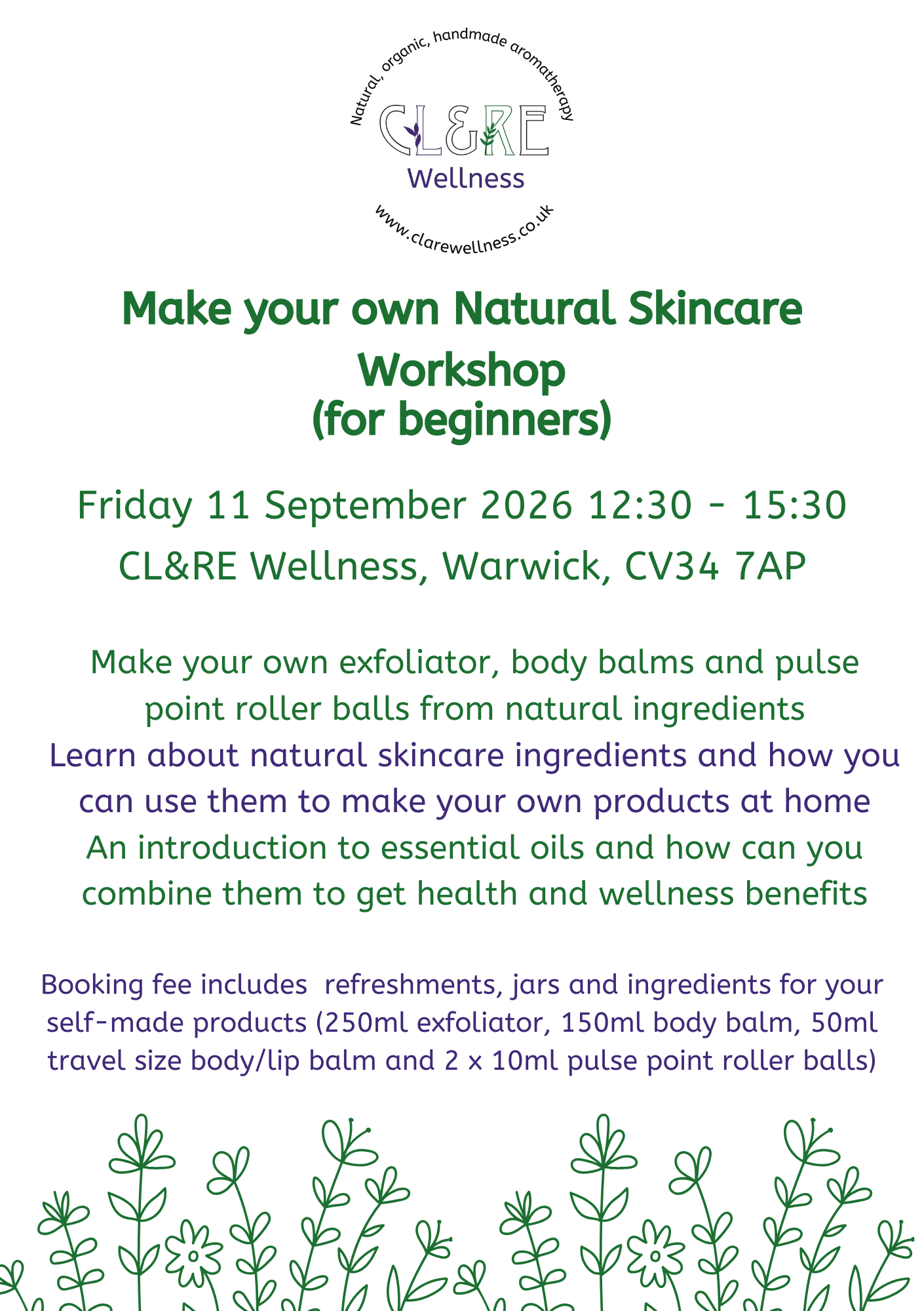 Natural Skincare Workshop place Friday 11 September 2026 12:30 - 15:30