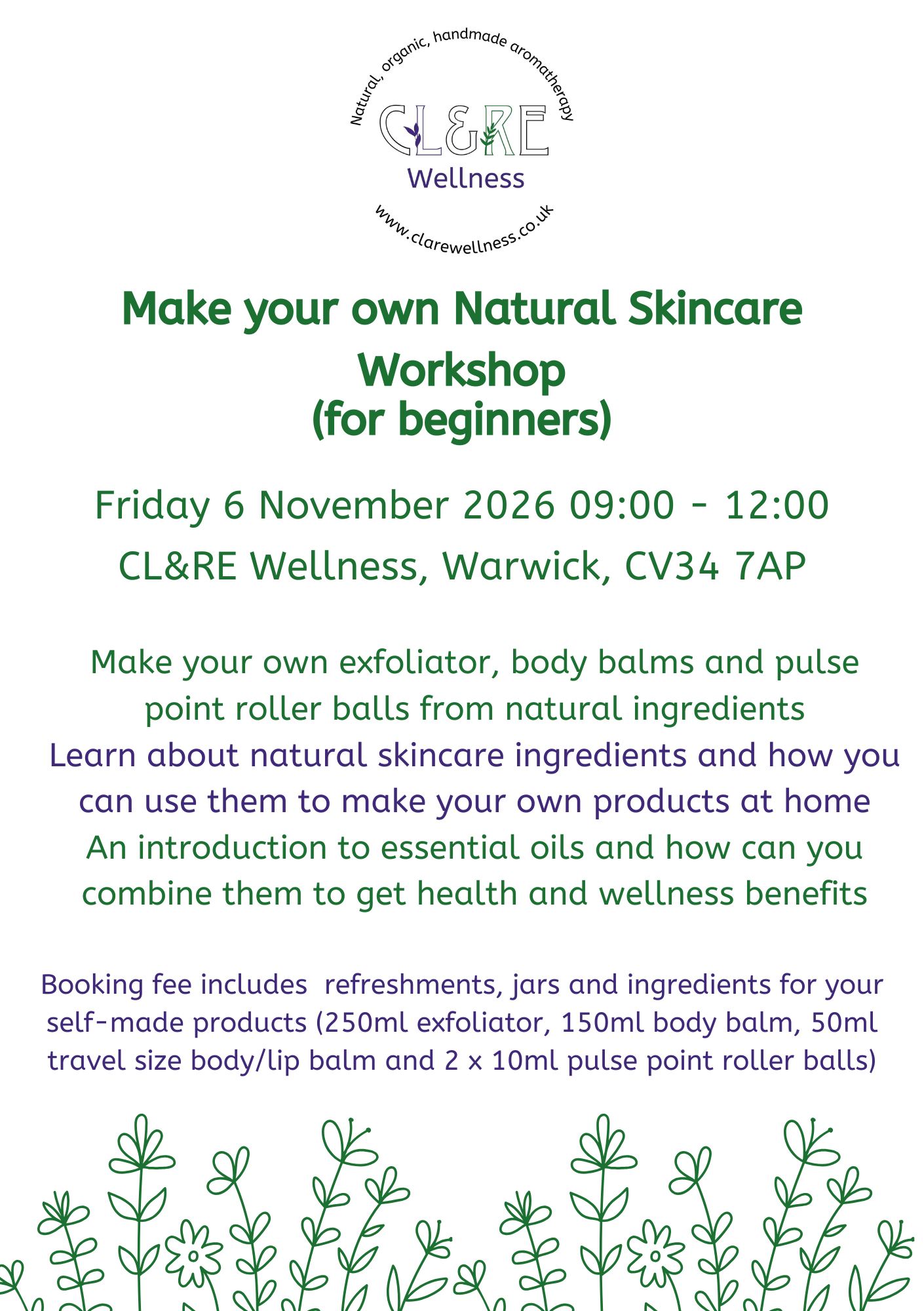 Natural Skincare Workshop place Friday 6 November 2026 2026 09:00 - 12:00