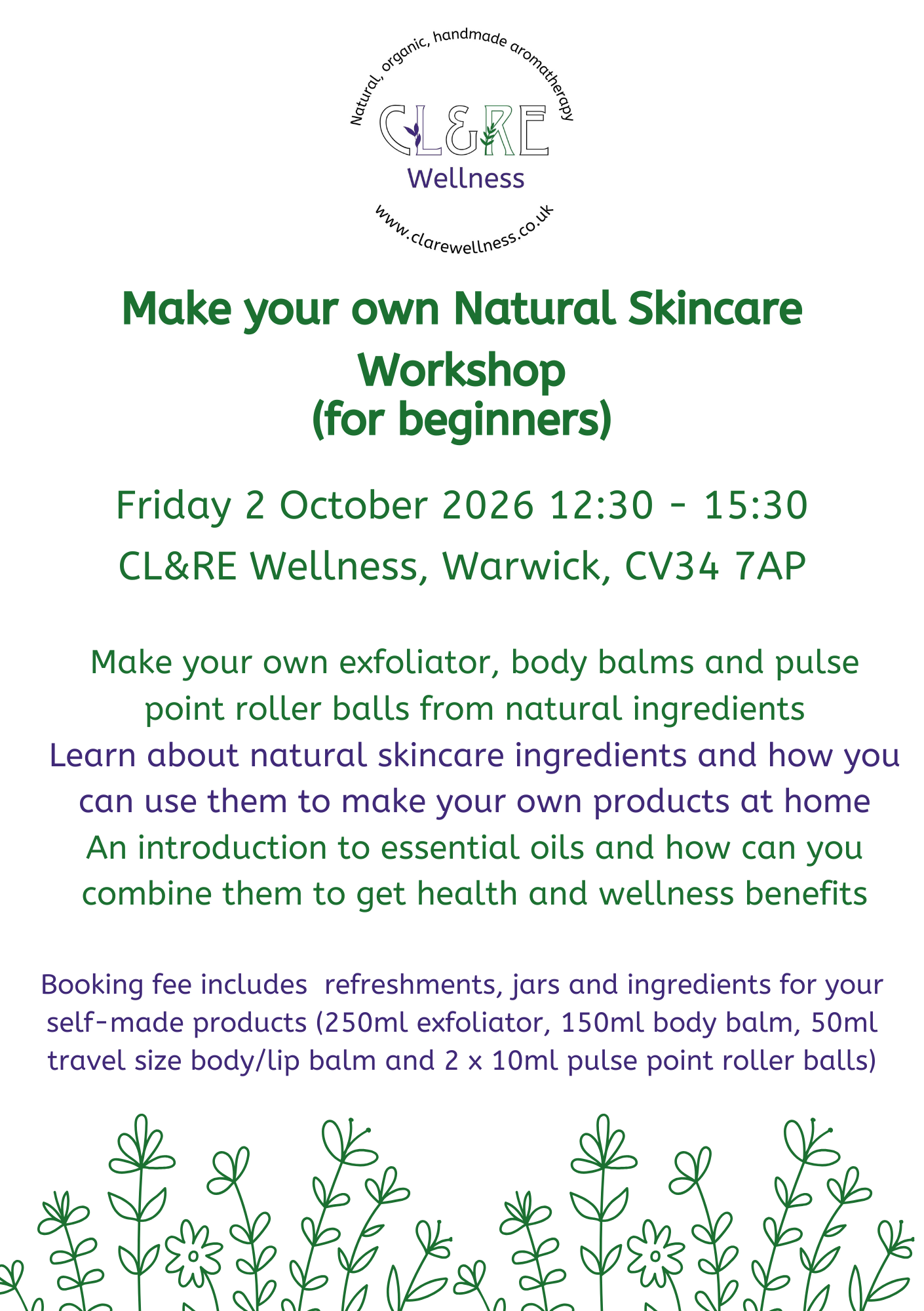 Natural Skincare Workshop place Friday 2 October 2026 12:30 - 15:30