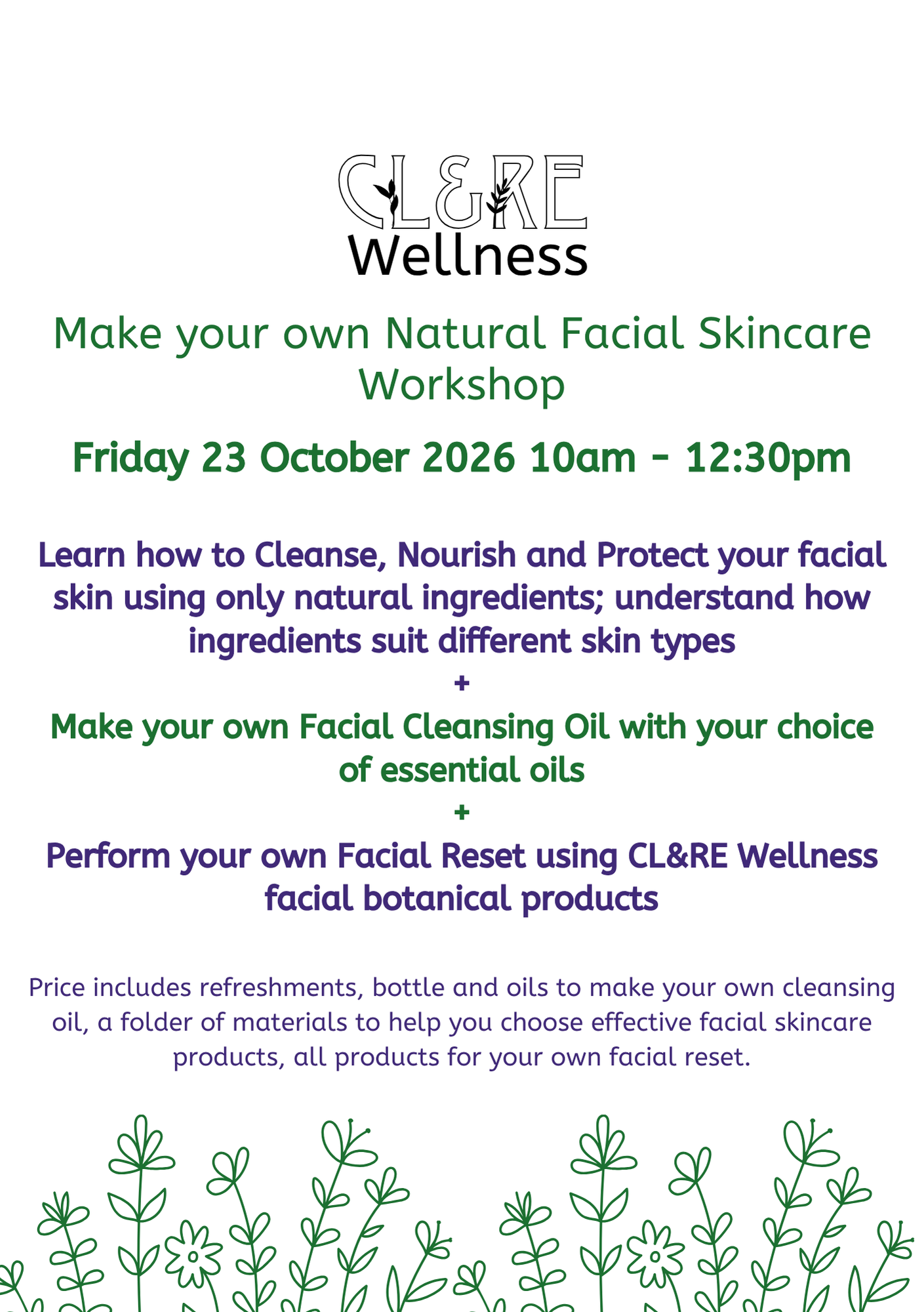 Natural Facial Skincare Workshop place Friday 23 October 2026 10:00 - 12:30