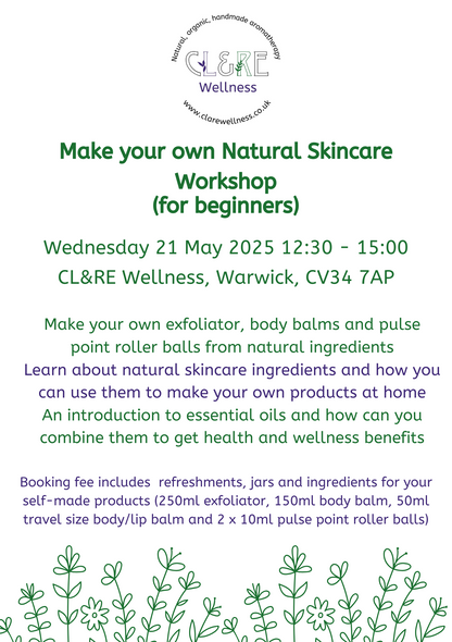 Natural Skincare Workshop place Wednesday 21 May 2025 12:30 - 15:00 WARWICK