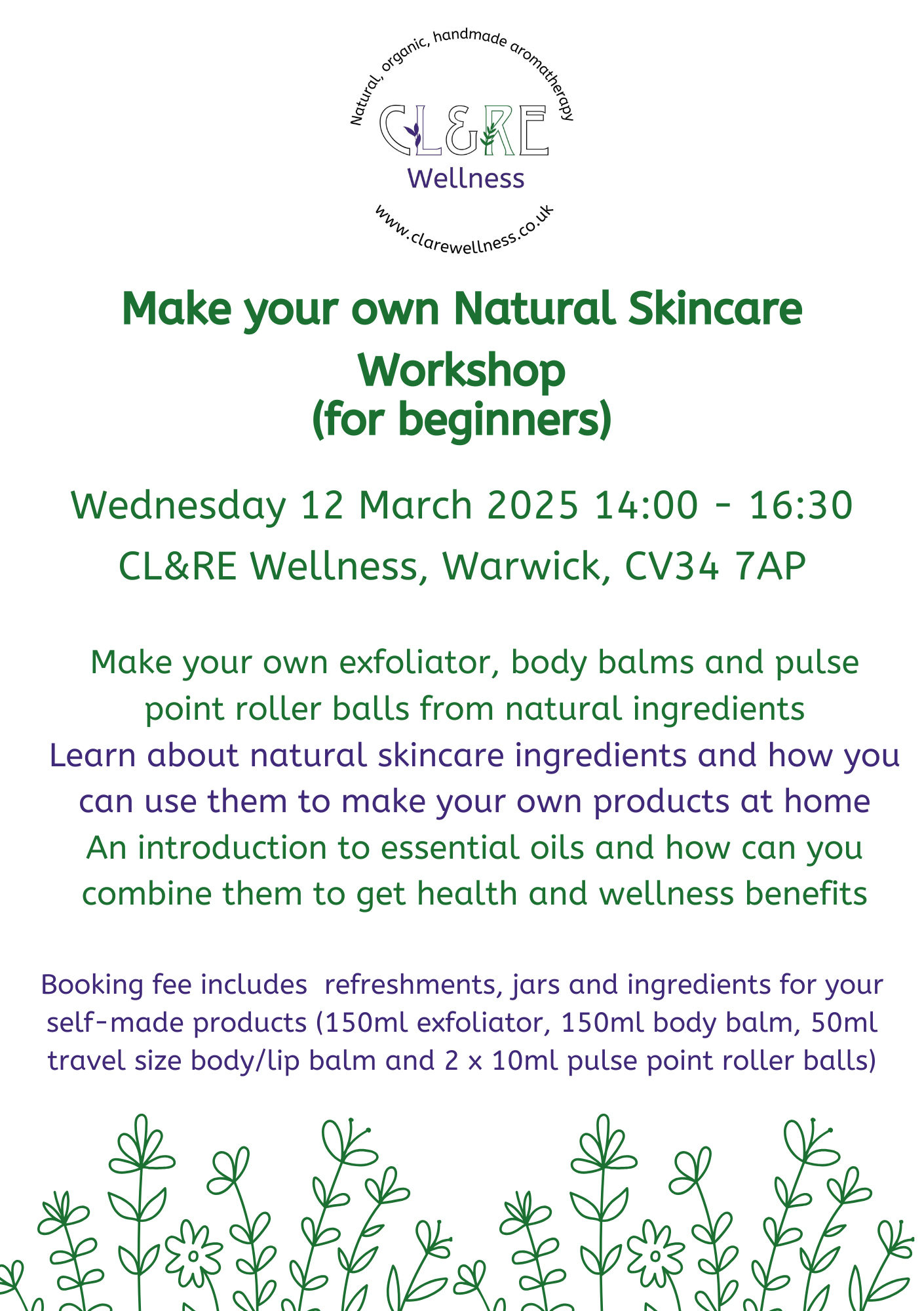 Natural Skincare Workshop place  12 March 2025 14:00 - 16:30 WARWICK