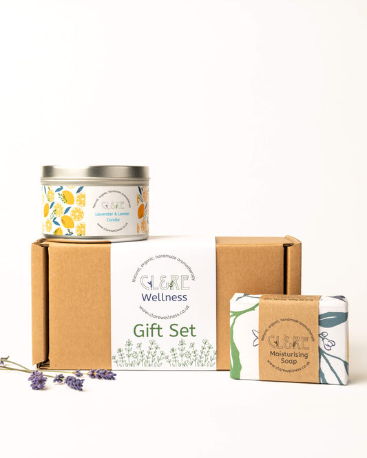 Lavender & Lemon CL&RE Wellness gift set with candle, soap, and box on a white background