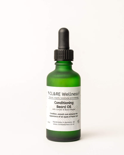 Green bottle of CL&RE Wellness Conditioning Beard Oil on a white background