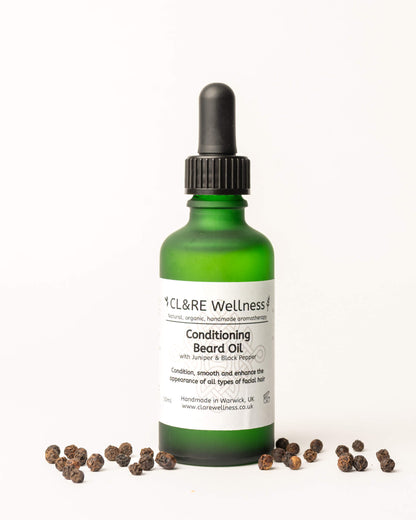 Green bottle of CL&RE Wellness Conditioning Beard Oil with black pepper on a white background