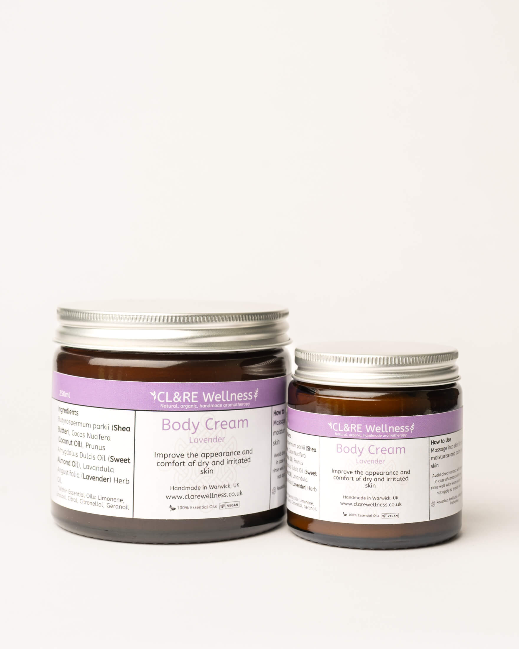 Two jars of CL&RE Wellness body cream with Lavender on a white background