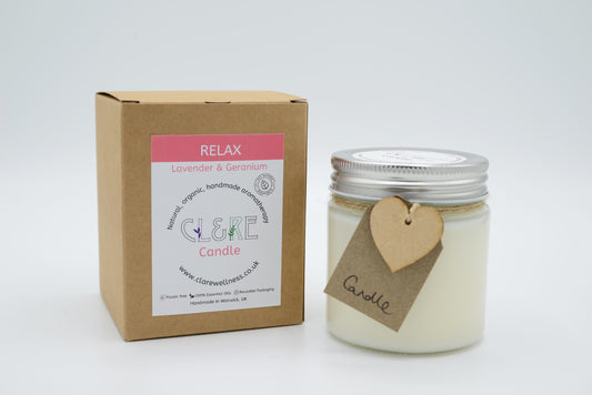 Relax Candle (with Lavender & Geranium essential oils, rose petals & lavender buds) 250ml