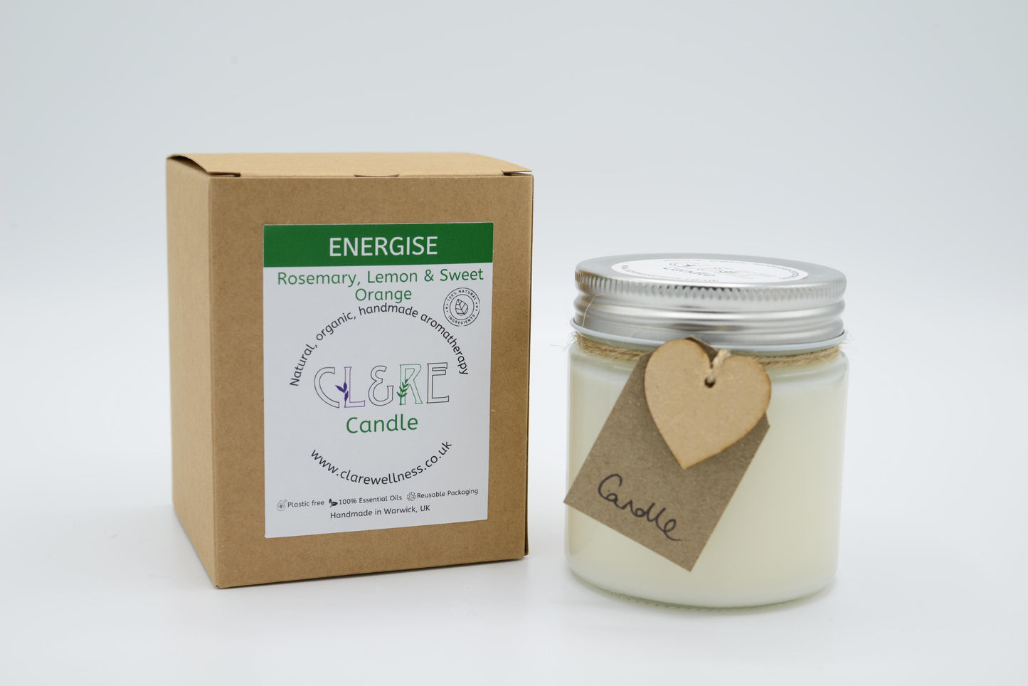 Energise Candle (with Rosemary, Lemon & Sweet Orange essential oils, Rosemary leaves & blue cornflowers) 250ml