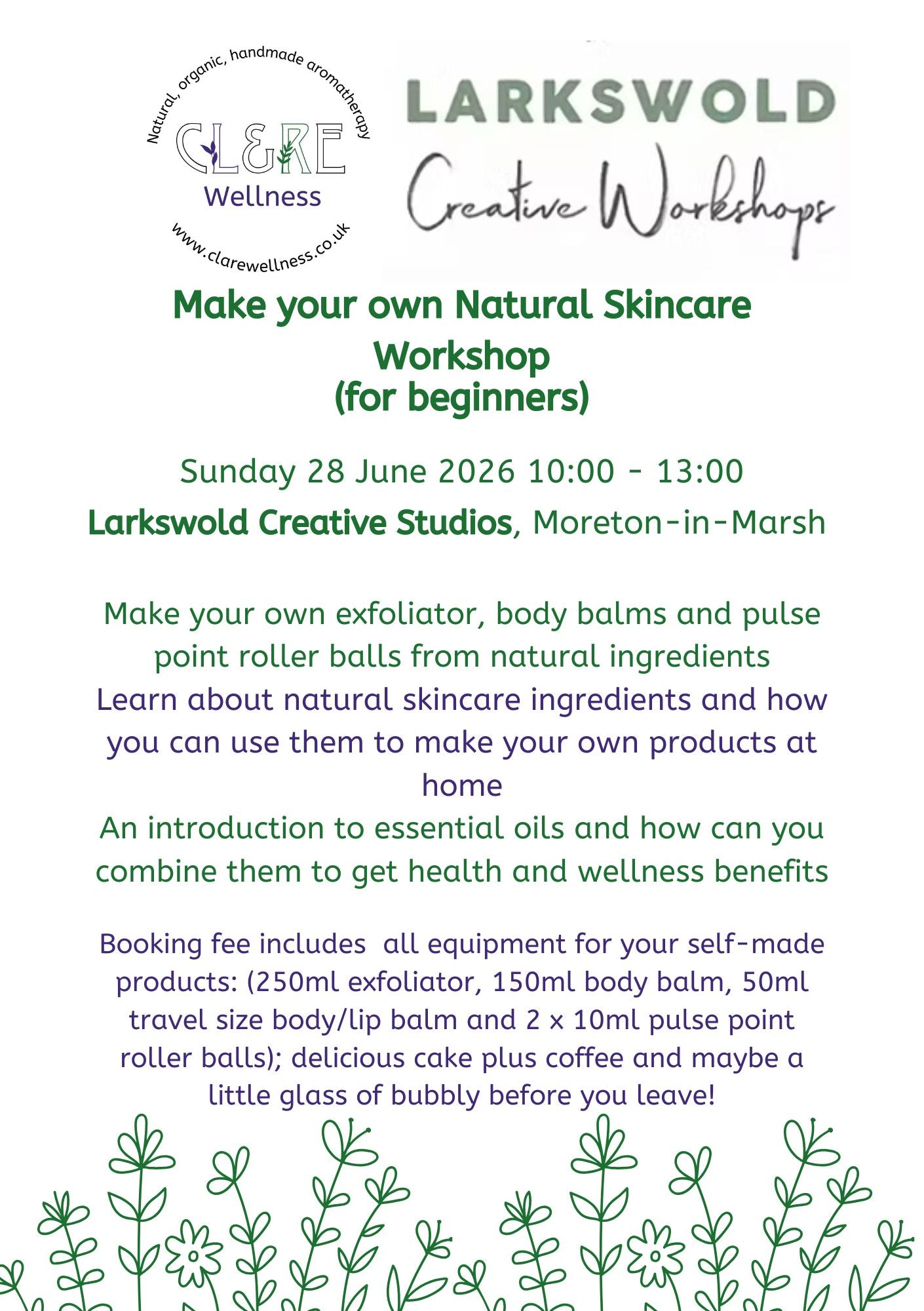 Natural Skincare Workshop place Sunday 28 June 2026 10:00 - 13:00 LARKSWOLD