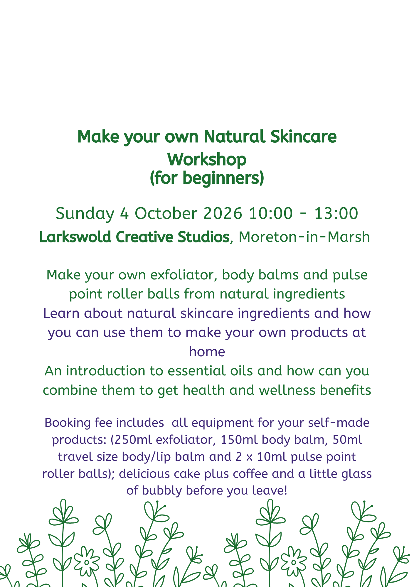 Natural Skincare Workshop place Sunday 4 October 2026 2026 10:00 - 13:00 LARKSWOLD