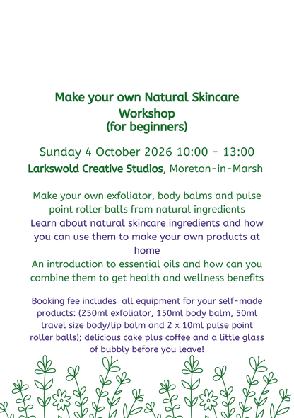 Natural Skincare Workshop place Sunday 4 October 2026 2026 10:00 - 13:00 LARKSWOLD