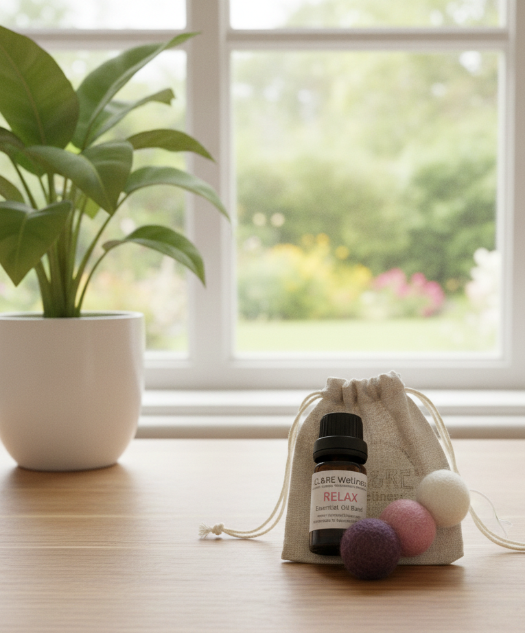Bottle of CL&RE Wellness Relax Essential Oil Blend with a purple coloured felt wool diffuser next to it with a linen bag, on a wooden table background with a plant and garden in the background.